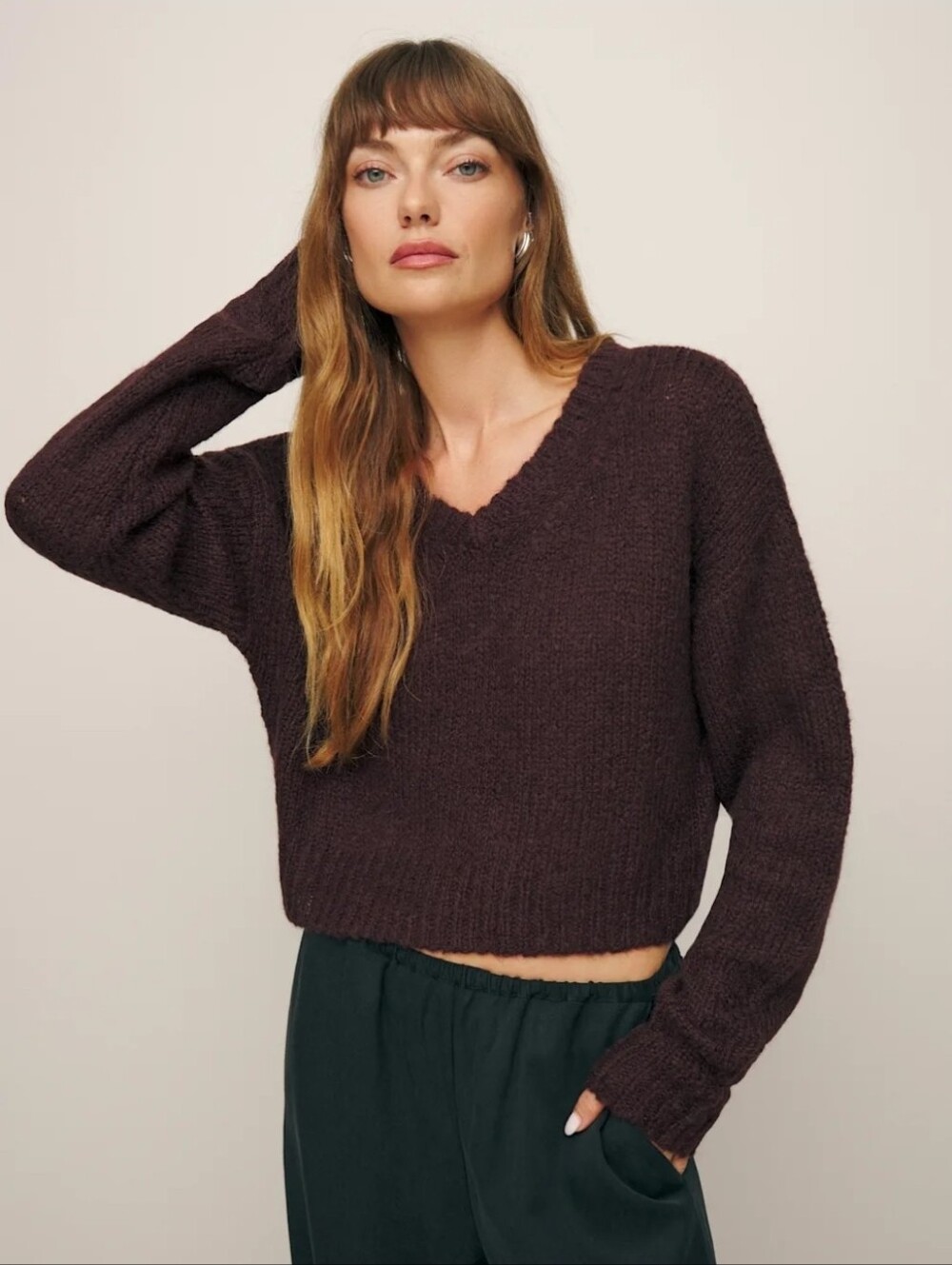 Reformation Baby Alpaca and Merino Wool Cropped V-Neck Wenda Sweater in Purple
